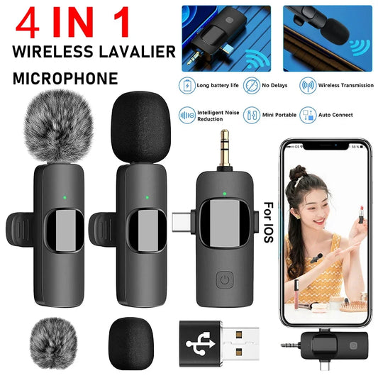 4in1 Wireless Microphone for iPhone Android Cameras Wireless Microphone for Interviews Vlog Noise Cancelling Lavalier Microphone